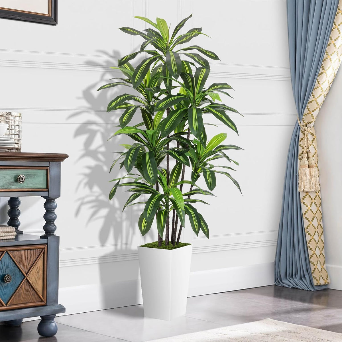 Artificial Plant 5FT Dracaena Fake Tree with White Tall Planter
