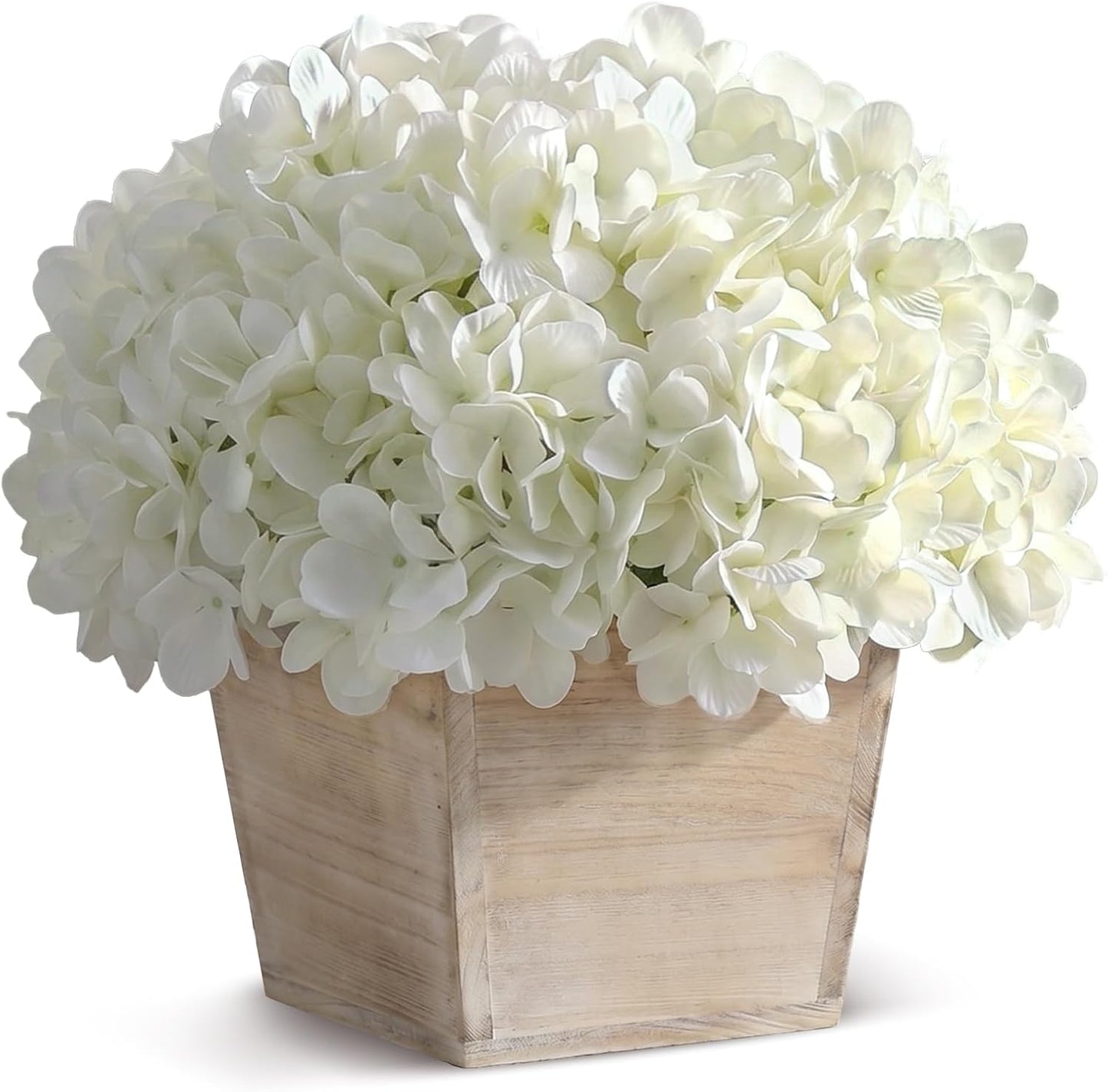10" Artificial Hydrangea Flower in Planter for Table Centerpiece(White) | No Assembly Needed, Silk Faux Flowers in Wood Planter, Fake Hydrangea Potted Plant, for Farmhouse Home Office Shower Decor
