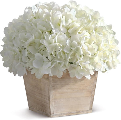 10" Artificial Hydrangea Flower in Planter for Table Centerpiece(White) | No Assembly Needed, Silk Faux Flowers in Wood Planter, Fake Hydrangea Potted Plant, for Farmhouse Home Office Shower Decor