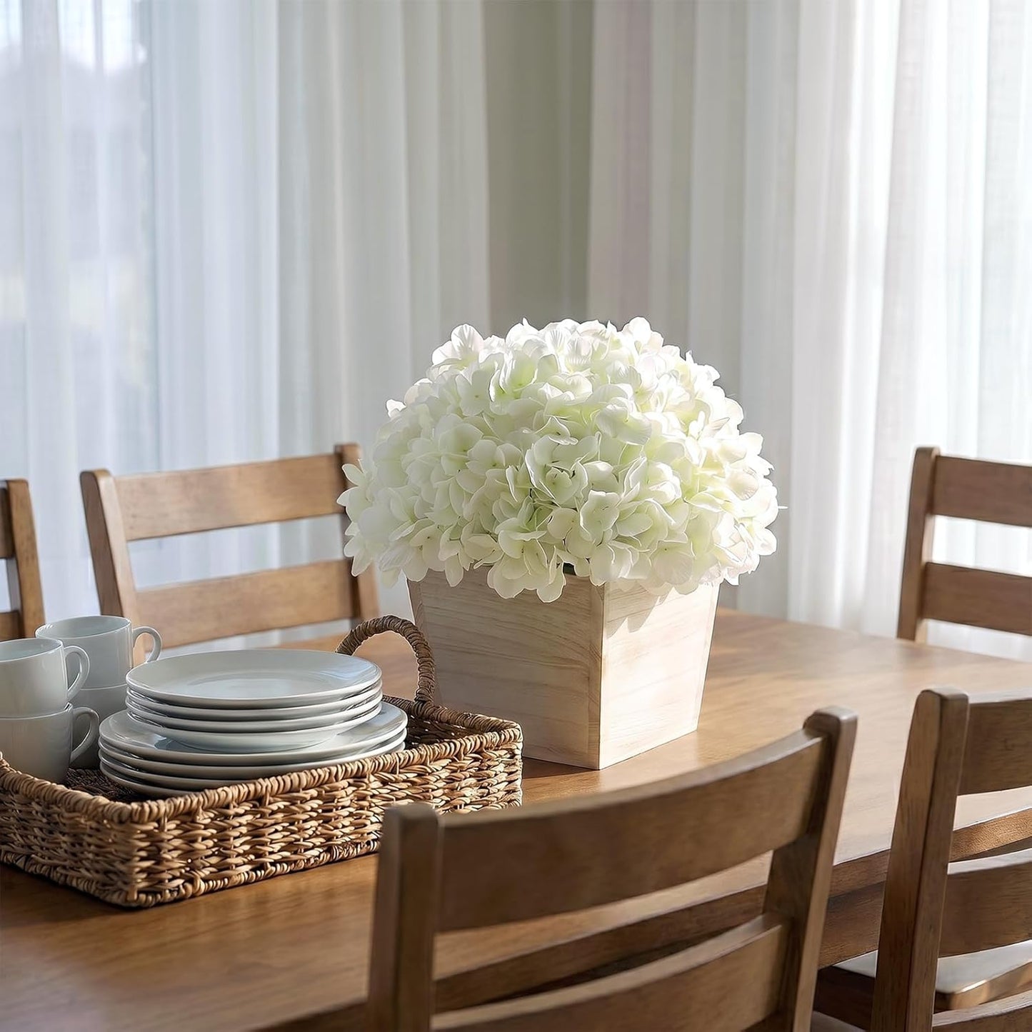 10" Artificial Hydrangea Flower in Planter for Table Centerpiece(White) | No Assembly Needed, Silk Faux Flowers in Wood Planter, Fake Hydrangea Potted Plant, for Farmhouse Home Office Shower Decor