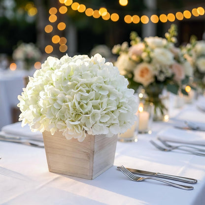 10" Artificial Hydrangea Flower in Planter for Table Centerpiece(White) | No Assembly Needed, Silk Faux Flowers in Wood Planter, Fake Hydrangea Potted Plant, for Farmhouse Home Office Shower Decor
