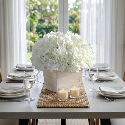 10" Artificial Hydrangea Flower in Planter for Table Centerpiece(White) | No Assembly Needed, Silk Faux Flowers in Wood Planter, Fake Hydrangea Potted Plant, for Farmhouse Home Office Shower Decor