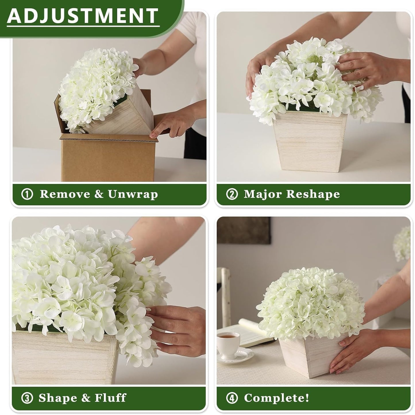 10" Artificial Hydrangea Flower in Planter for Table Centerpiece(White) | No Assembly Needed, Silk Faux Flowers in Wood Planter, Fake Hydrangea Potted Plant, for Farmhouse Home Office Shower Decor