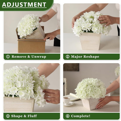 10" Artificial Hydrangea Flower in Planter for Table Centerpiece(White) | No Assembly Needed, Silk Faux Flowers in Wood Planter, Fake Hydrangea Potted Plant, for Farmhouse Home Office Shower Decor