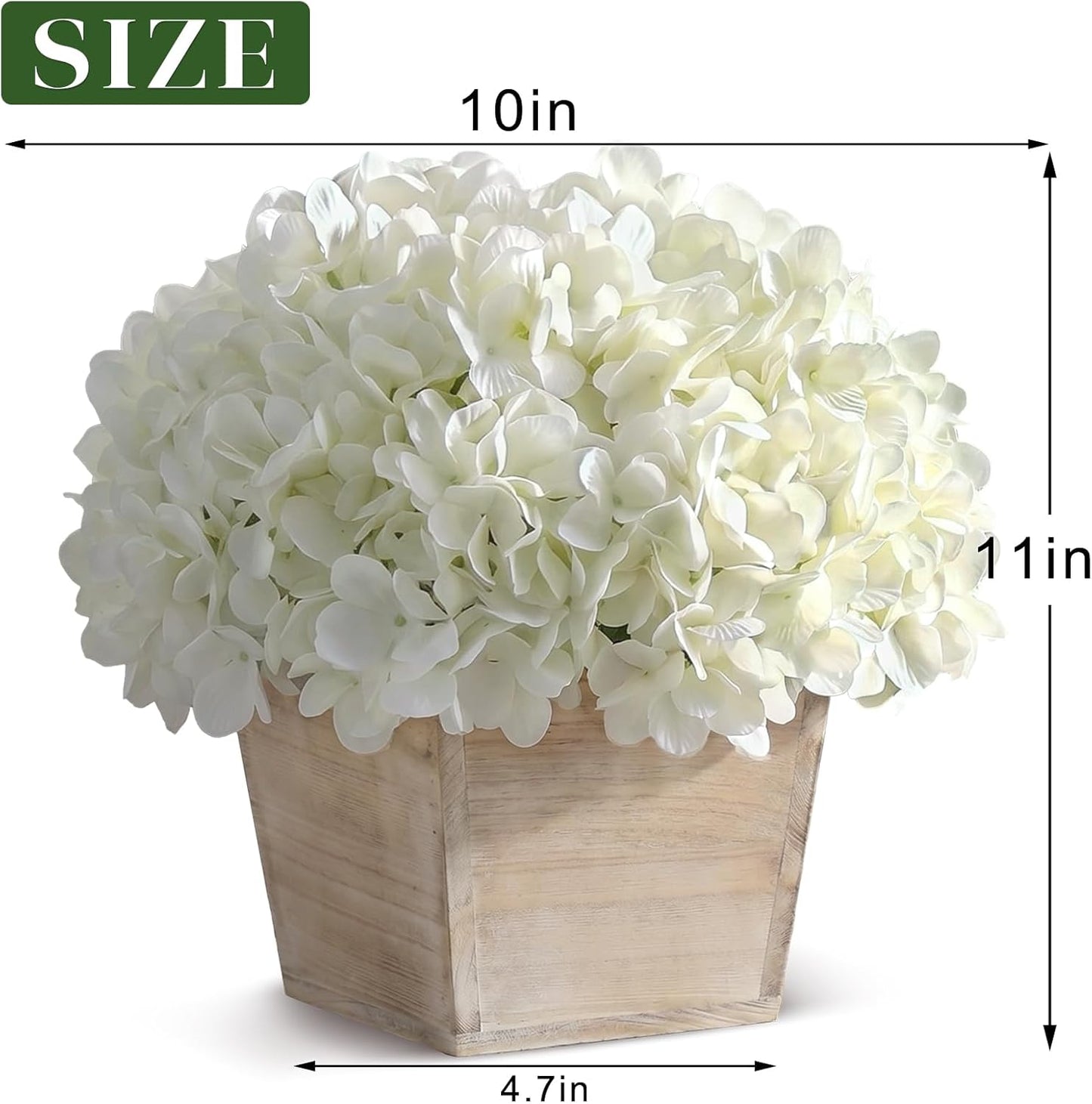10" Artificial Hydrangea Flower in Planter for Table Centerpiece(White) | No Assembly Needed, Silk Faux Flowers in Wood Planter, Fake Hydrangea Potted Plant, for Farmhouse Home Office Shower Decor