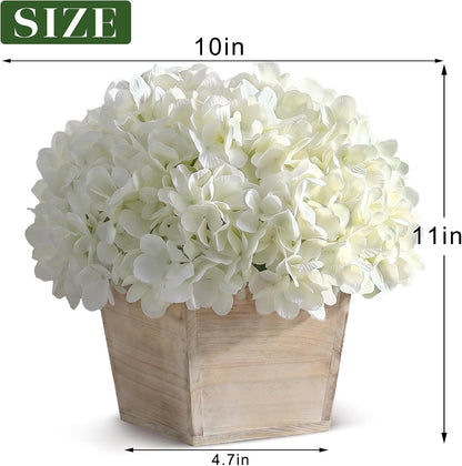 10" Artificial Hydrangea Flower in Planter for Table Centerpiece(White) | No Assembly Needed, Silk Faux Flowers in Wood Planter, Fake Hydrangea Potted Plant, for Farmhouse Home Office Shower Decor