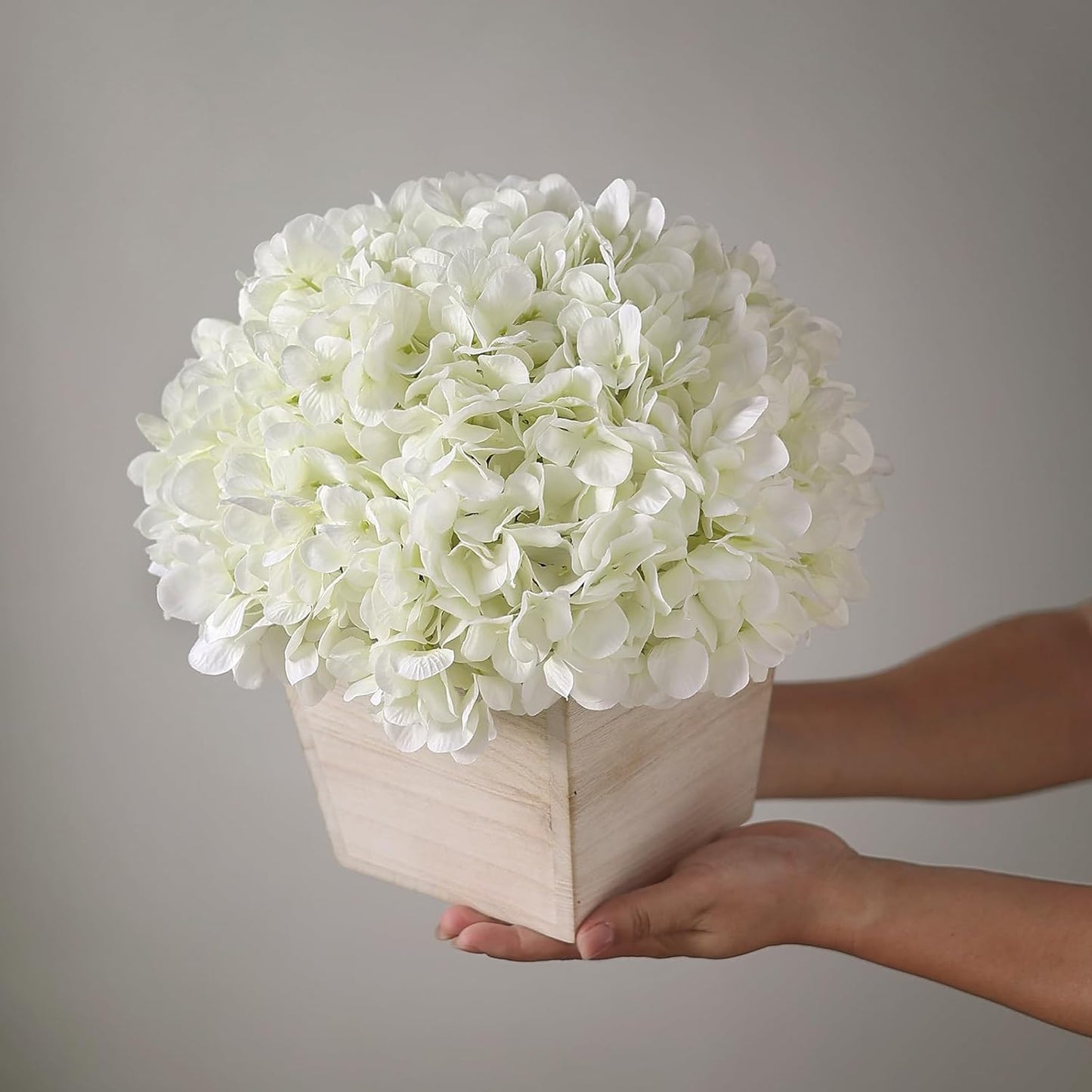 10" Artificial Hydrangea Flower in Planter for Table Centerpiece(White) | No Assembly Needed, Silk Faux Flowers in Wood Planter, Fake Hydrangea Potted Plant, for Farmhouse Home Office Shower Decor