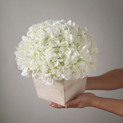 10" Artificial Hydrangea Flower in Planter for Table Centerpiece(White) | No Assembly Needed, Silk Faux Flowers in Wood Planter, Fake Hydrangea Potted Plant, for Farmhouse Home Office Shower Decor