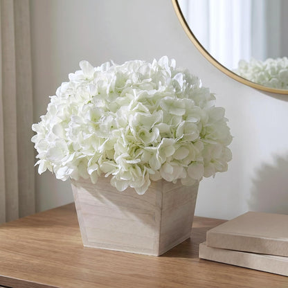 10" Artificial Hydrangea Flower in Planter for Table Centerpiece(White) | No Assembly Needed, Silk Faux Flowers in Wood Planter, Fake Hydrangea Potted Plant, for Farmhouse Home Office Shower Decor