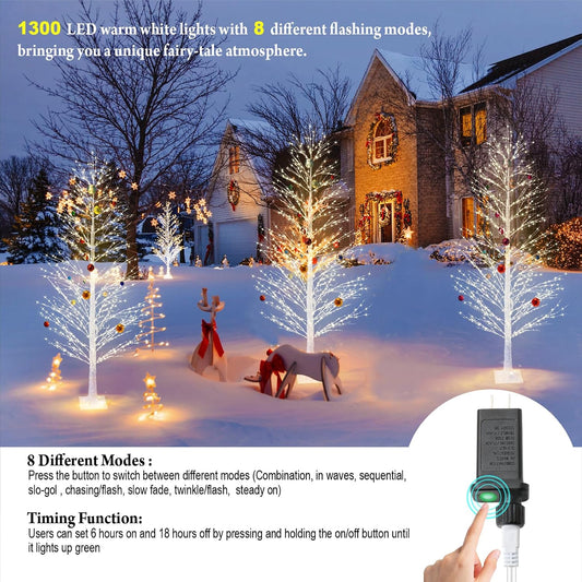 6FT Enchanting Birch Tree with 1300 LED Lights, Twinkle Light White Christmas Tree with Timer IP44 Waterproof for Indoor Outdoor Festival Wedding Party Christmas Decorations