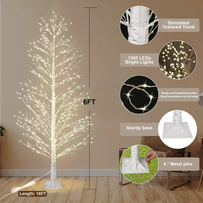 6FT Enchanting Birch Tree with 1300 LED Lights, Twinkle Light White Christmas Tree with Timer IP44 Waterproof for Indoor Outdoor Festival Wedding Party Christmas Decorations