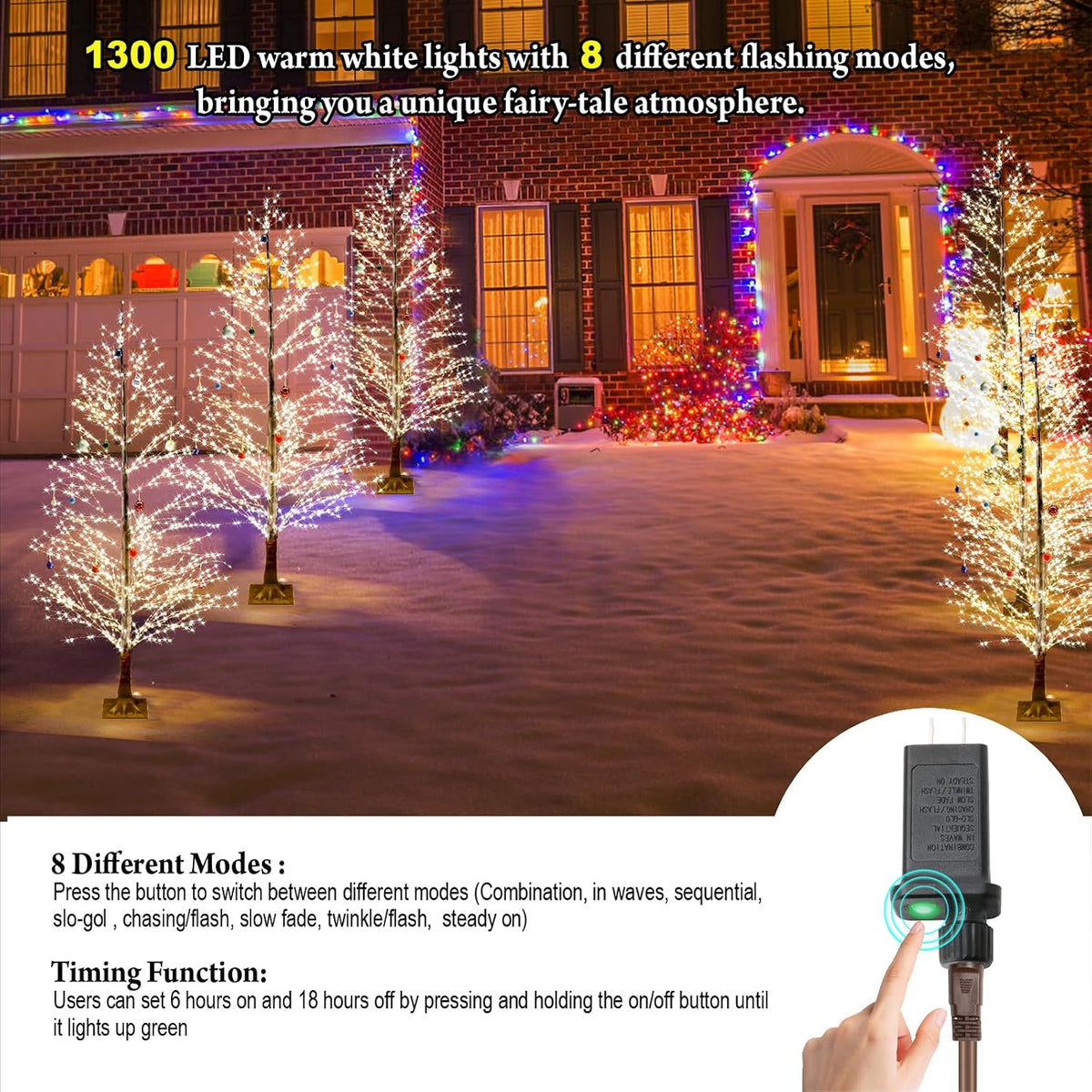 6FT Enchanting Birch Tree with 1300 LED Lights, Twinkle Light White Christmas Tree with Timer IP44 Waterproof for Indoor Outdoor Festival Wedding Party Christmas Decorations