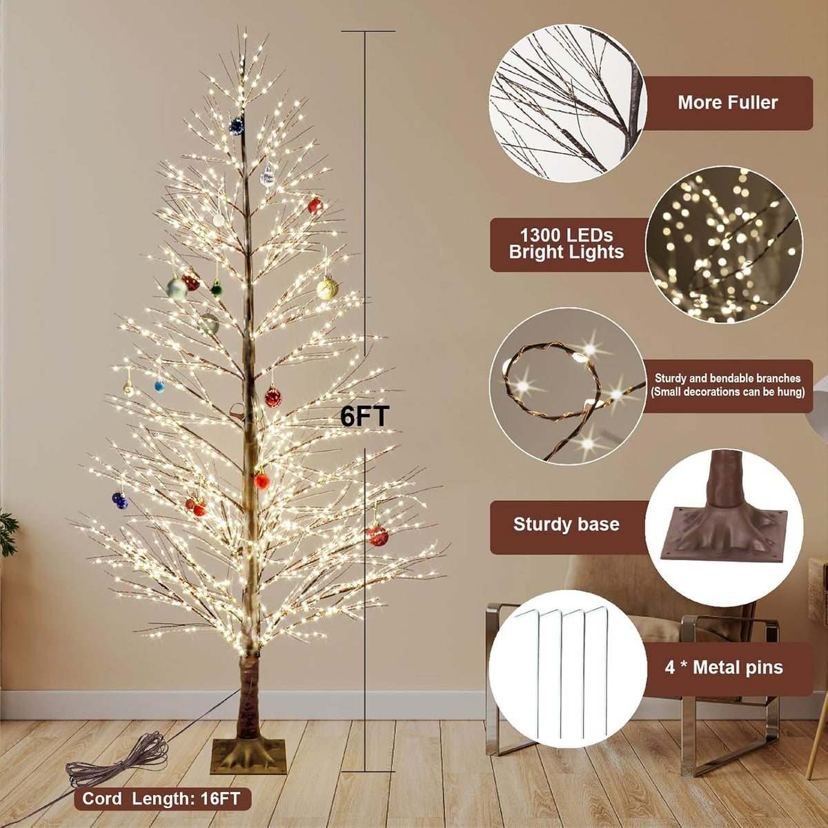 6FT Enchanting Birch Tree with 1300 LED Lights, Twinkle Light White Christmas Tree with Timer IP44 Waterproof for Indoor Outdoor Festival Wedding Party Christmas Decorations