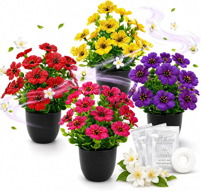 4 Pack Small Fake Plants with Flowers, Spring Home Bathroom Decor | UV-resistant artificial flowers, varied spring flower styles, for desk shelf bathroom kitchen farmhouse and classroom decor
