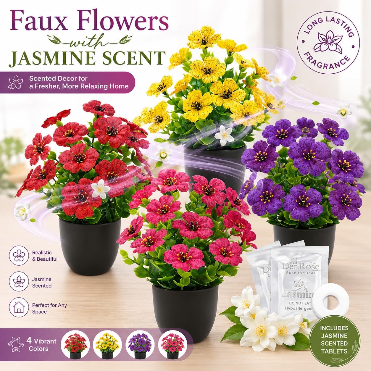 4 Pack Small Fake Plants with Flowers, Spring Home Bathroom Decor | UV-resistant artificial flowers, varied spring flower styles, for desk shelf bathroom kitchen farmhouse and classroom decor