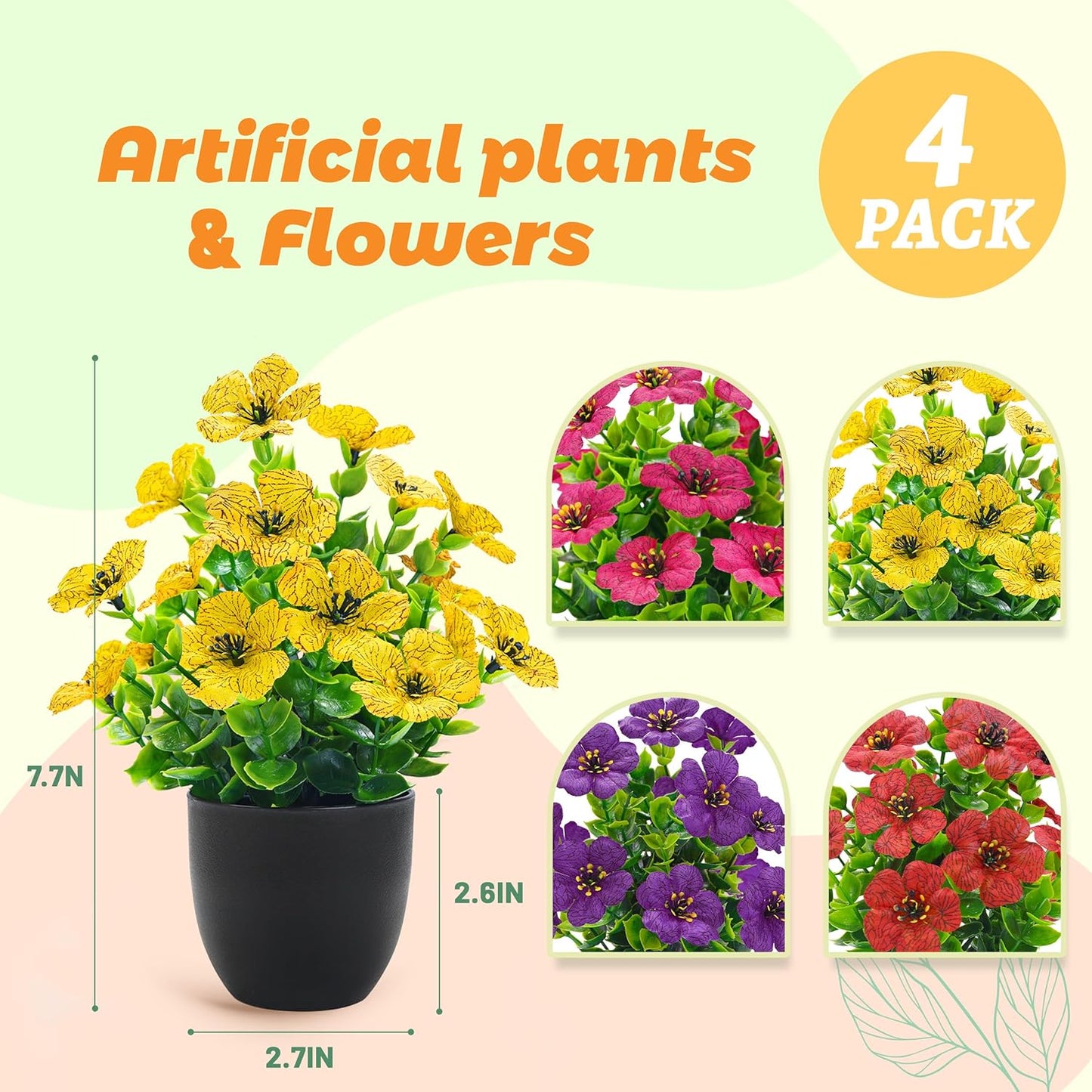 4 Pack Small Fake Plants with Flowers, Spring Home Bathroom Decor | UV-resistant artificial flowers, varied spring flower styles, for desk shelf bathroom kitchen farmhouse and classroom decor