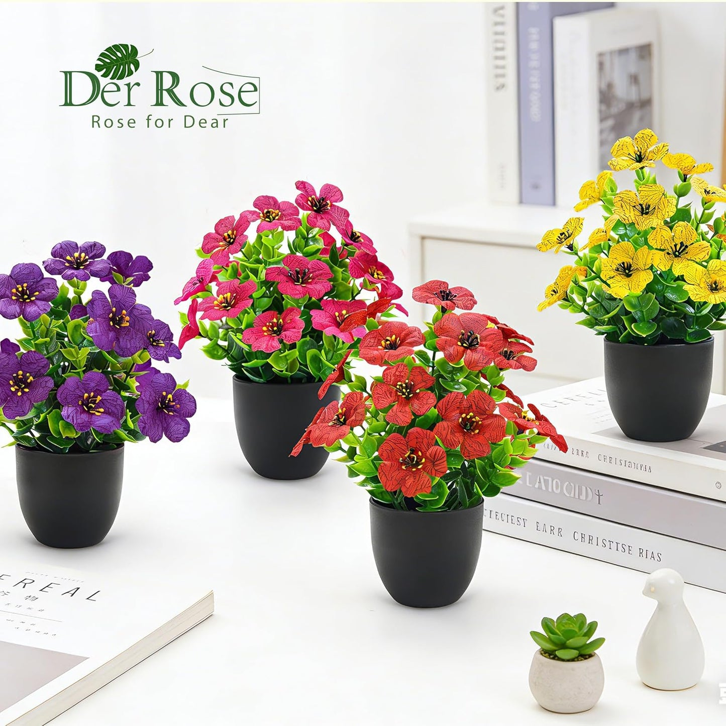 4 Pack Small Fake Plants with Flowers, Spring Home Bathroom Decor | UV-resistant artificial flowers, varied spring flower styles, for desk shelf bathroom kitchen farmhouse and classroom decor