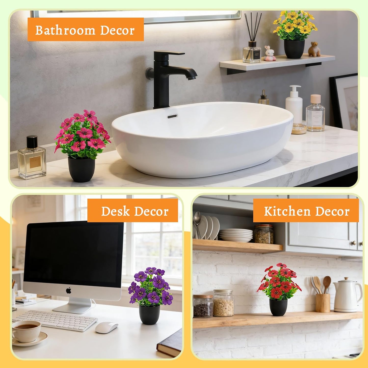 4 Pack Small Fake Plants with Flowers, Spring Home Bathroom Decor | UV-resistant artificial flowers, varied spring flower styles, for desk shelf bathroom kitchen farmhouse and classroom decor
