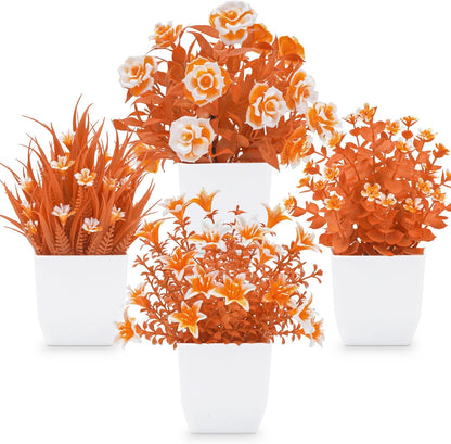 4 Pack Small Fake Plants with Flowers, Spring Home Bathroom Decor | UV-resistant artificial flowers, varied spring flower styles, for desk shelf bathroom kitchen farmhouse and classroom decor