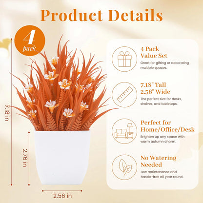 4 Pack Small Fake Plants with Flowers, Spring Home Bathroom Decor | UV-resistant artificial flowers, varied spring flower styles, for desk shelf bathroom kitchen farmhouse and classroom decor