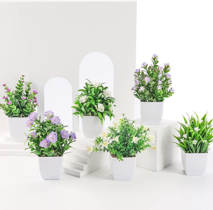 4 Pack Small Fake Plants with Flowers, Spring Home Bathroom Decor | UV-resistant artificial flowers, varied spring flower styles, for desk shelf bathroom kitchen farmhouse and classroom decor