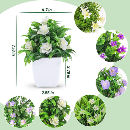 4 Pack Small Fake Plants with Flowers, Spring Home Bathroom Decor | UV-resistant artificial flowers, varied spring flower styles, for desk shelf bathroom kitchen farmhouse and classroom decor