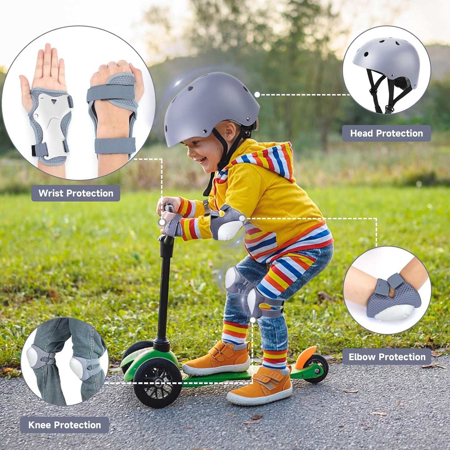 Toddler Kids Bike Helmet Set with Knee Elbow Pads, Adjustable Cycling Helmet for Little Boy Girl Protective Gear