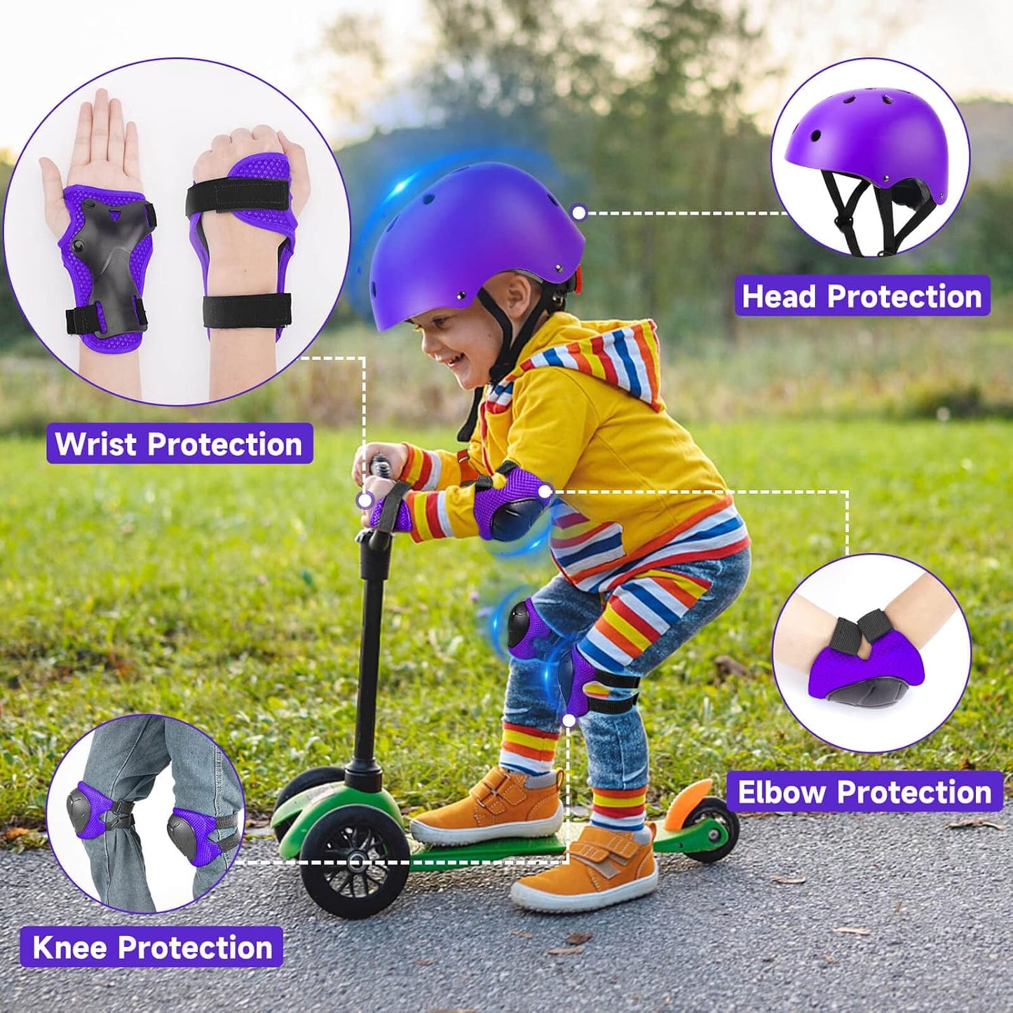 Toddler Kids Bike Helmet Set with Knee Elbow Pads, Adjustable Cycling Helmet for Little Boy Girl Protective Gear