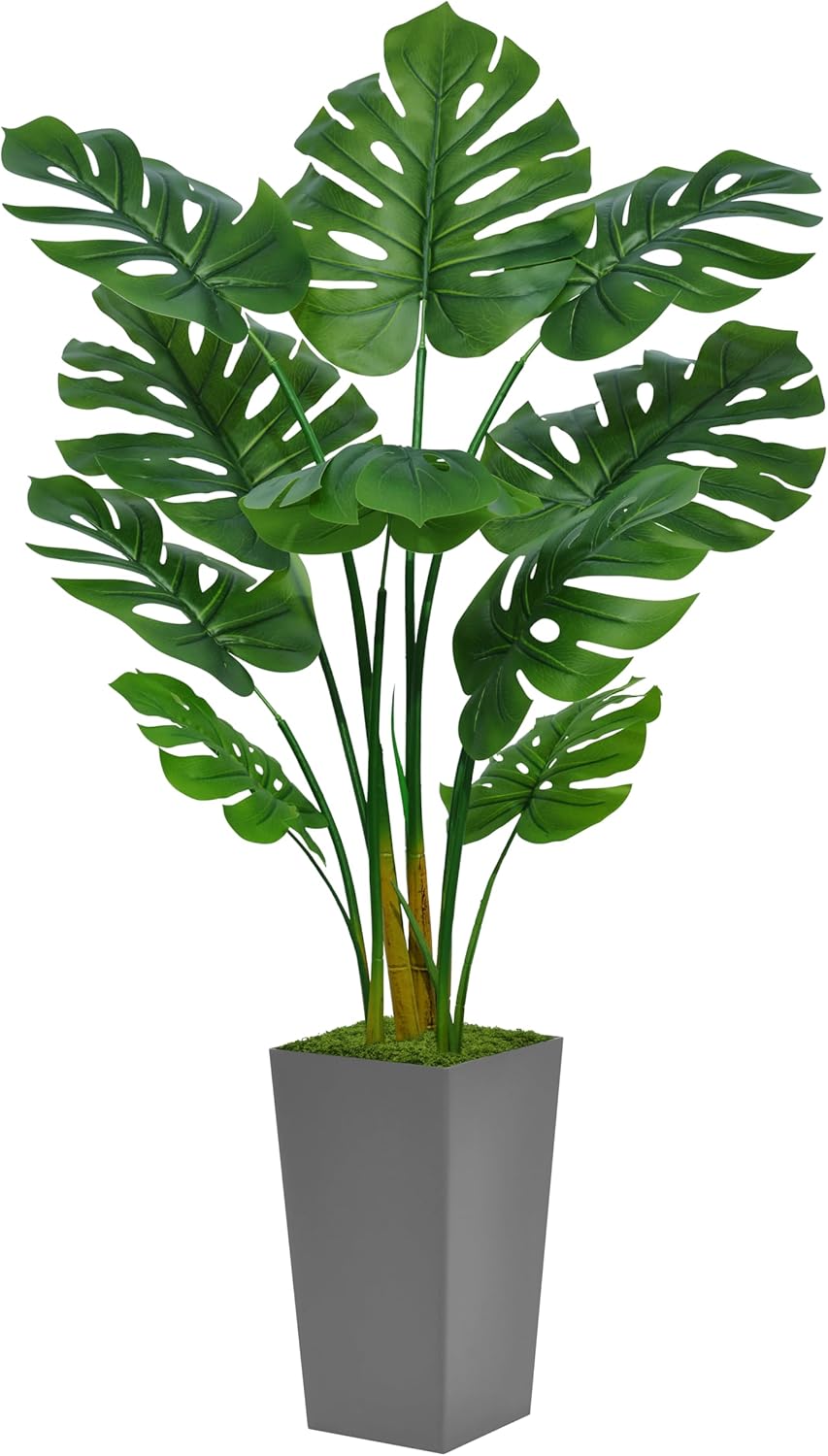 Artificial Monstera Deliciosa Plant 5FT - Faux Tropical Palm Tree with Black Tall Planter - Fake Swiss Cheese Floor Plant in Pot - Artificial Tree for Home Office Living Room Decor Indoor