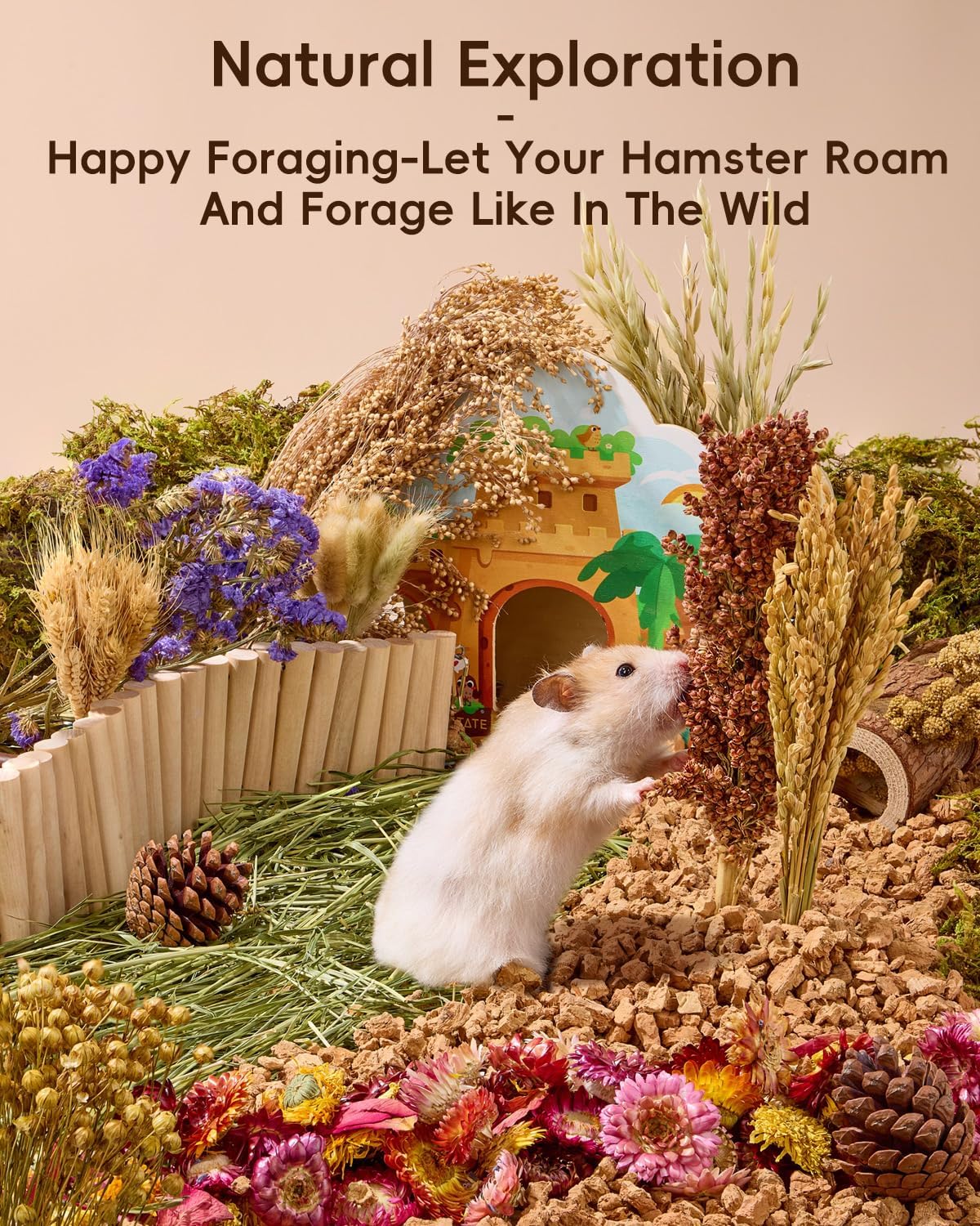 BUCATSTATE 60PCS Natural Hamster Bedding | Flowers & Herbs & Sprays for Cage Habitat Decor - Treat Cereal Grain for Dwarf Syrian Gerbils, Mice, Rat, Forage, Enrichment.