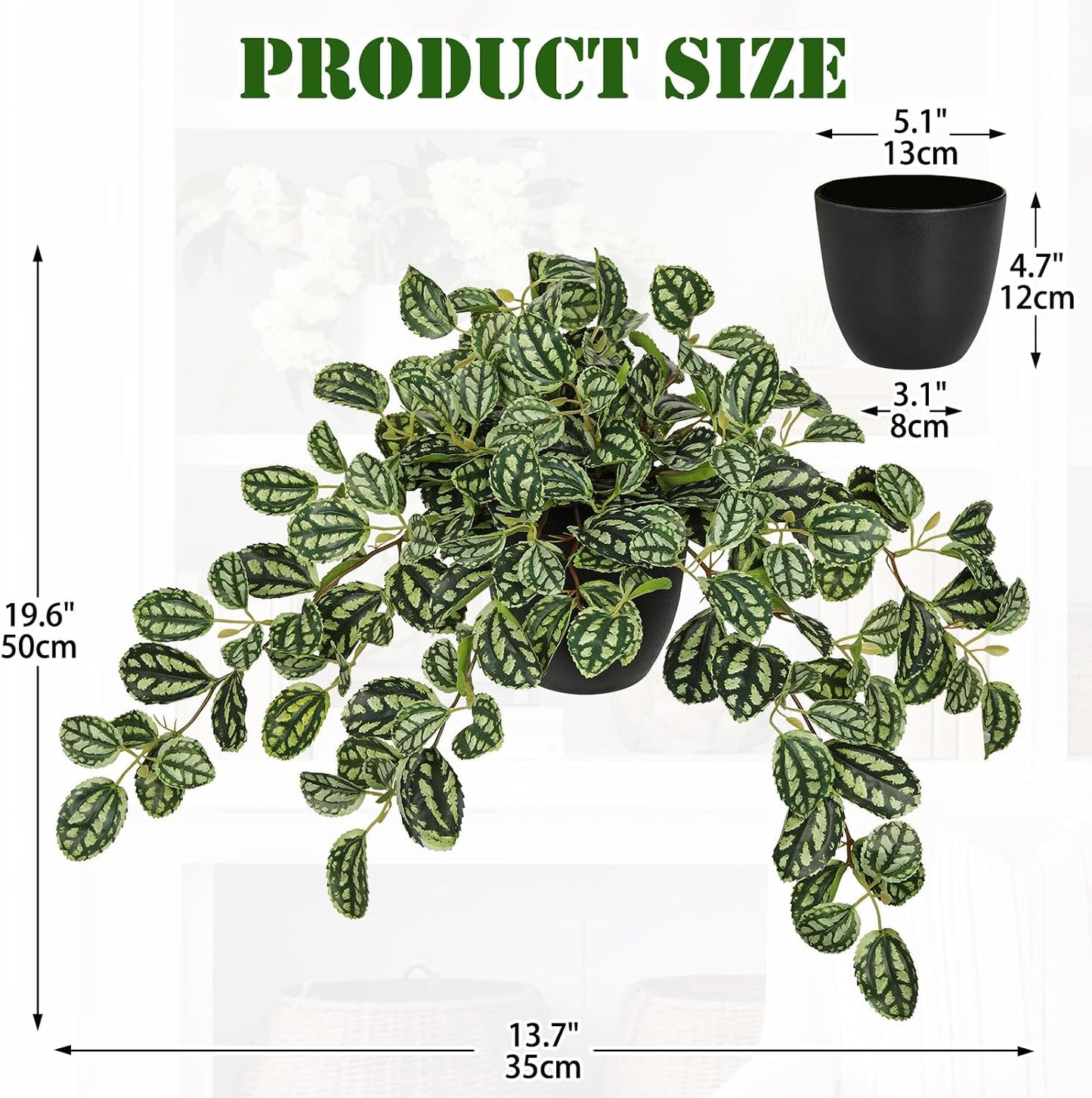 Artificial Potted Plant Indoor, 17.7" Faux Watermelon Peperomia Trailing Plant in White Plastic Pot Realistic Fake Cascading Greenery for Shelf Bathroom Office Desk Tabletop Home Decor