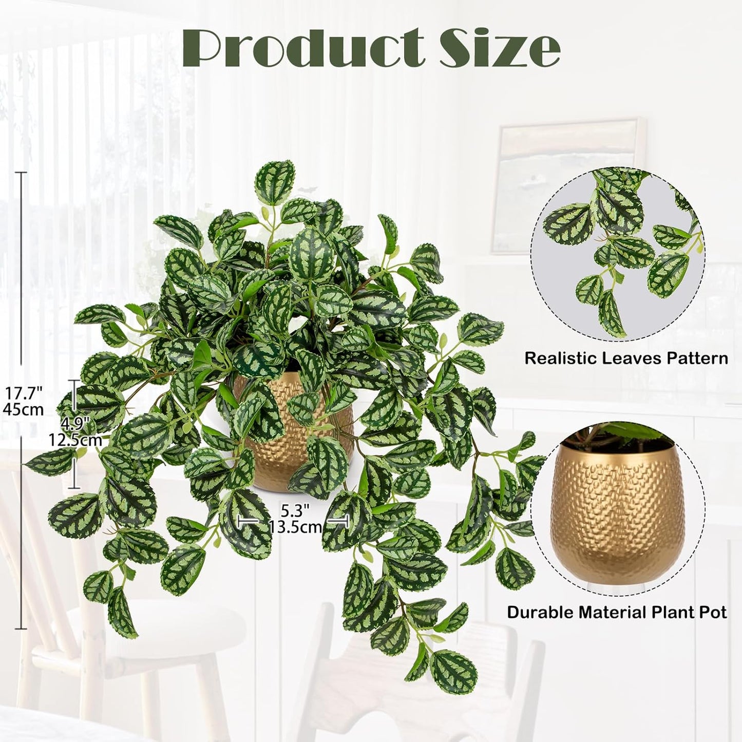 Artificial Potted Plant Indoor, 17.7" Faux Watermelon Peperomia Trailing Plant in White Plastic Pot Realistic Fake Cascading Greenery for Shelf Bathroom Office Desk Tabletop Home Decor