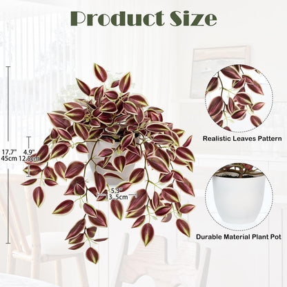 Artificial Potted Plant Indoor, 17.7" Faux Watermelon Peperomia Trailing Plant in White Plastic Pot Realistic Fake Cascading Greenery for Shelf Bathroom Office Desk Tabletop Home Decor