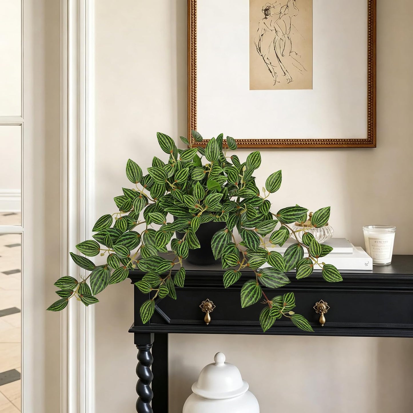 Artificial Potted Plant Indoor, 17.7" Faux Watermelon Peperomia Trailing Plant in White Plastic Pot Realistic Fake Cascading Greenery for Shelf Bathroom Office Desk Tabletop Home Decor