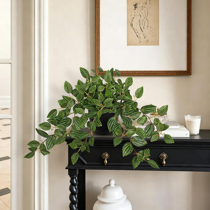 Artificial Potted Plant Indoor, 17.7" Faux Watermelon Peperomia Trailing Plant in White Plastic Pot Realistic Fake Cascading Greenery for Shelf Bathroom Office Desk Tabletop Home Decor