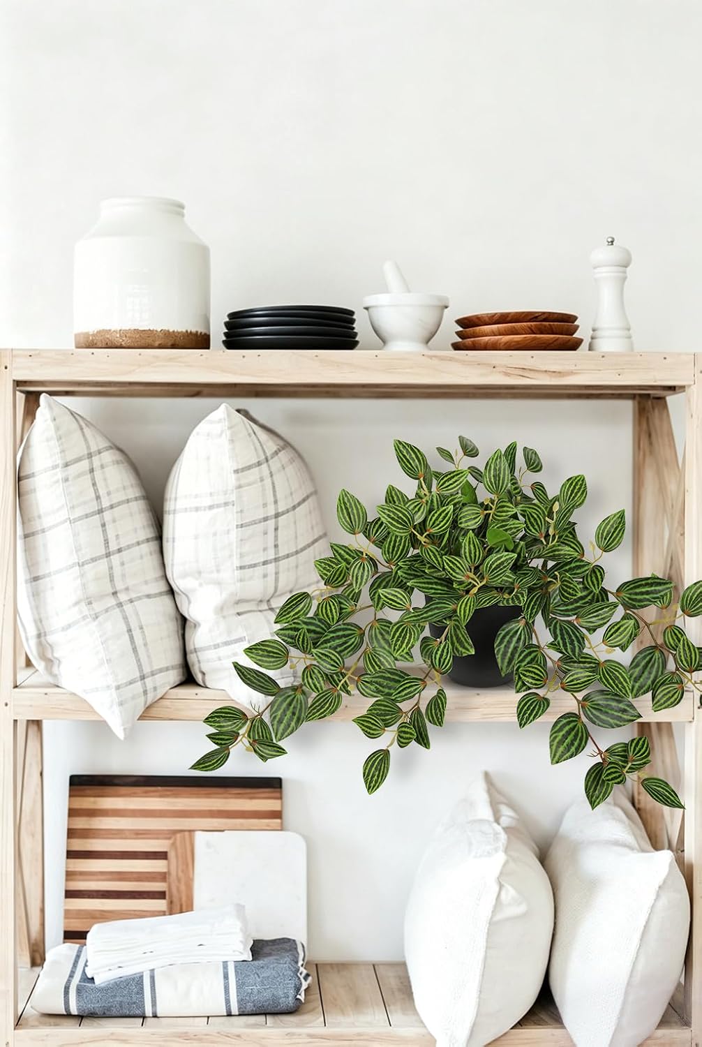 Artificial Potted Plant Indoor, 17.7" Faux Watermelon Peperomia Trailing Plant in White Plastic Pot Realistic Fake Cascading Greenery for Shelf Bathroom Office Desk Tabletop Home Decor