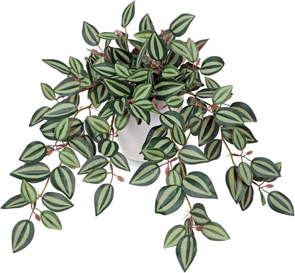 Artificial Potted Plant Indoor, 17.7" Faux Watermelon Peperomia Trailing Plant in White Plastic Pot Realistic Fake Cascading Greenery for Shelf Bathroom Office Desk Tabletop Home Decor