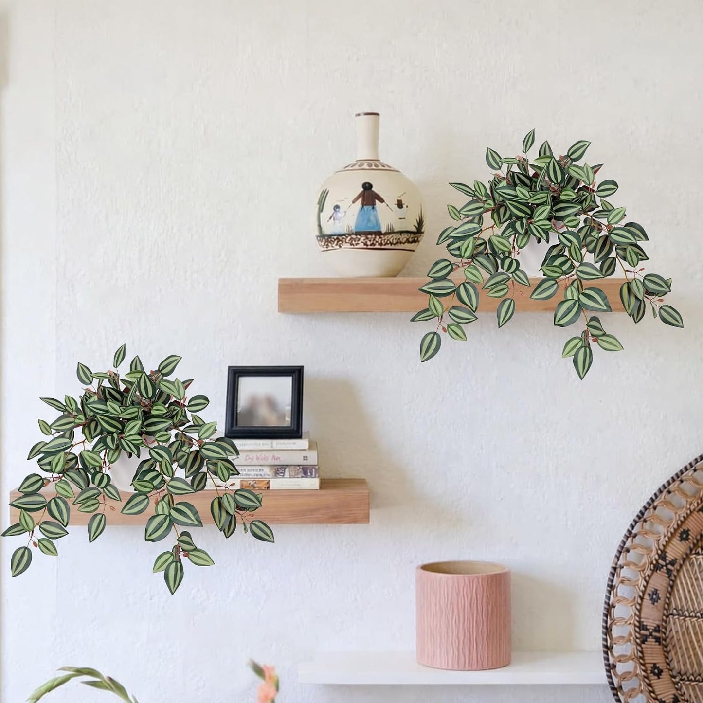 Artificial Potted Plant Indoor, 17.7" Faux Watermelon Peperomia Trailing Plant in White Plastic Pot Realistic Fake Cascading Greenery for Shelf Bathroom Office Desk Tabletop Home Decor