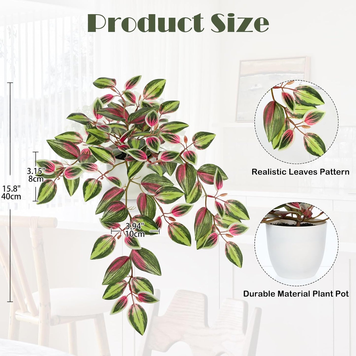 Artificial Potted Plant Indoor, 17.7" Faux Watermelon Peperomia Trailing Plant in White Plastic Pot Realistic Fake Cascading Greenery for Shelf Bathroom Office Desk Tabletop Home Decor