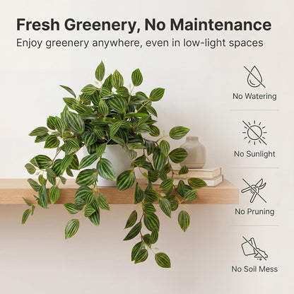 Artificial Potted Plant Indoor, 17.7" Faux Watermelon Peperomia Trailing Plant in White Plastic Pot Realistic Fake Cascading Greenery for Shelf Bathroom Office Desk Tabletop Home Decor