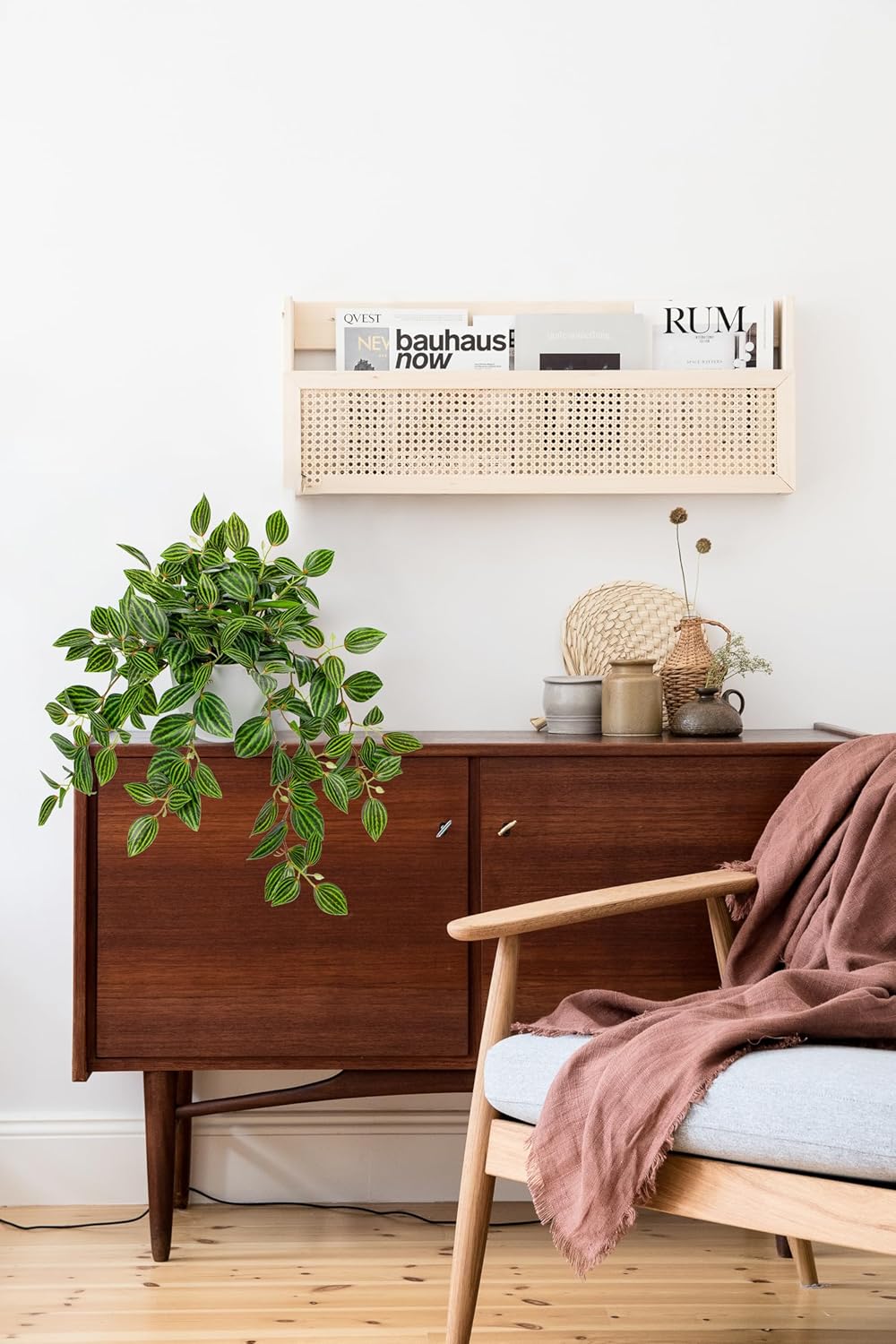 Artificial Potted Plant Indoor, 17.7" Faux Watermelon Peperomia Trailing Plant in White Plastic Pot Realistic Fake Cascading Greenery for Shelf Bathroom Office Desk Tabletop Home Decor