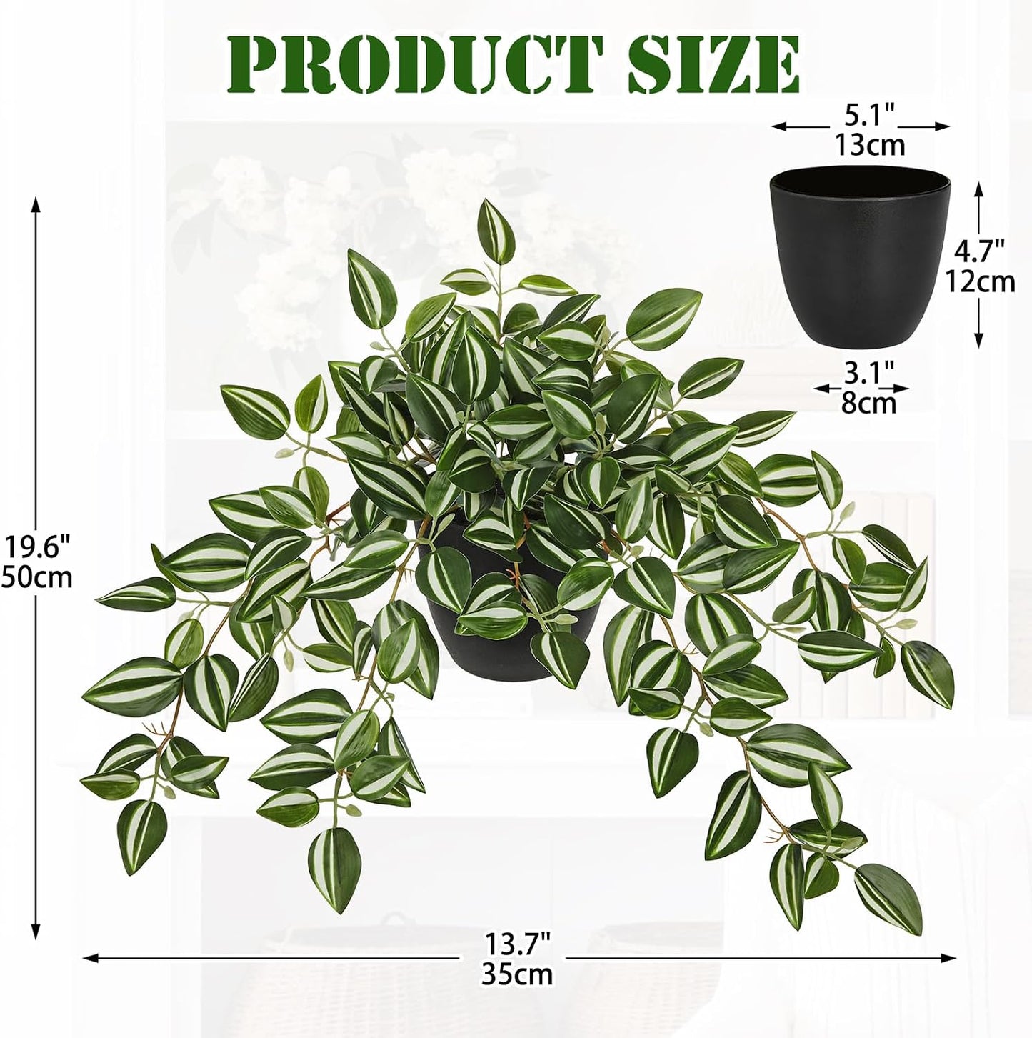 Artificial Potted Plant Indoor, 17.7" Faux Watermelon Peperomia Trailing Plant in White Plastic Pot Realistic Fake Cascading Greenery for Shelf Bathroom Office Desk Tabletop Home Decor