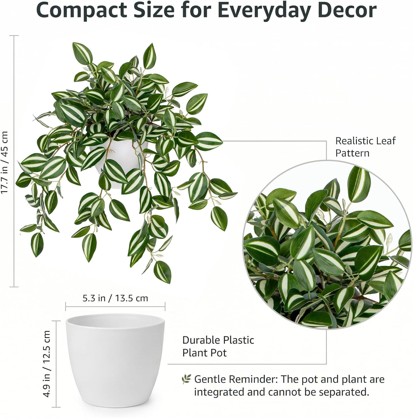 Artificial Potted Plant Indoor, 17.7" Faux Watermelon Peperomia Trailing Plant in White Plastic Pot Realistic Fake Cascading Greenery for Shelf Bathroom Office Desk Tabletop Home Decor