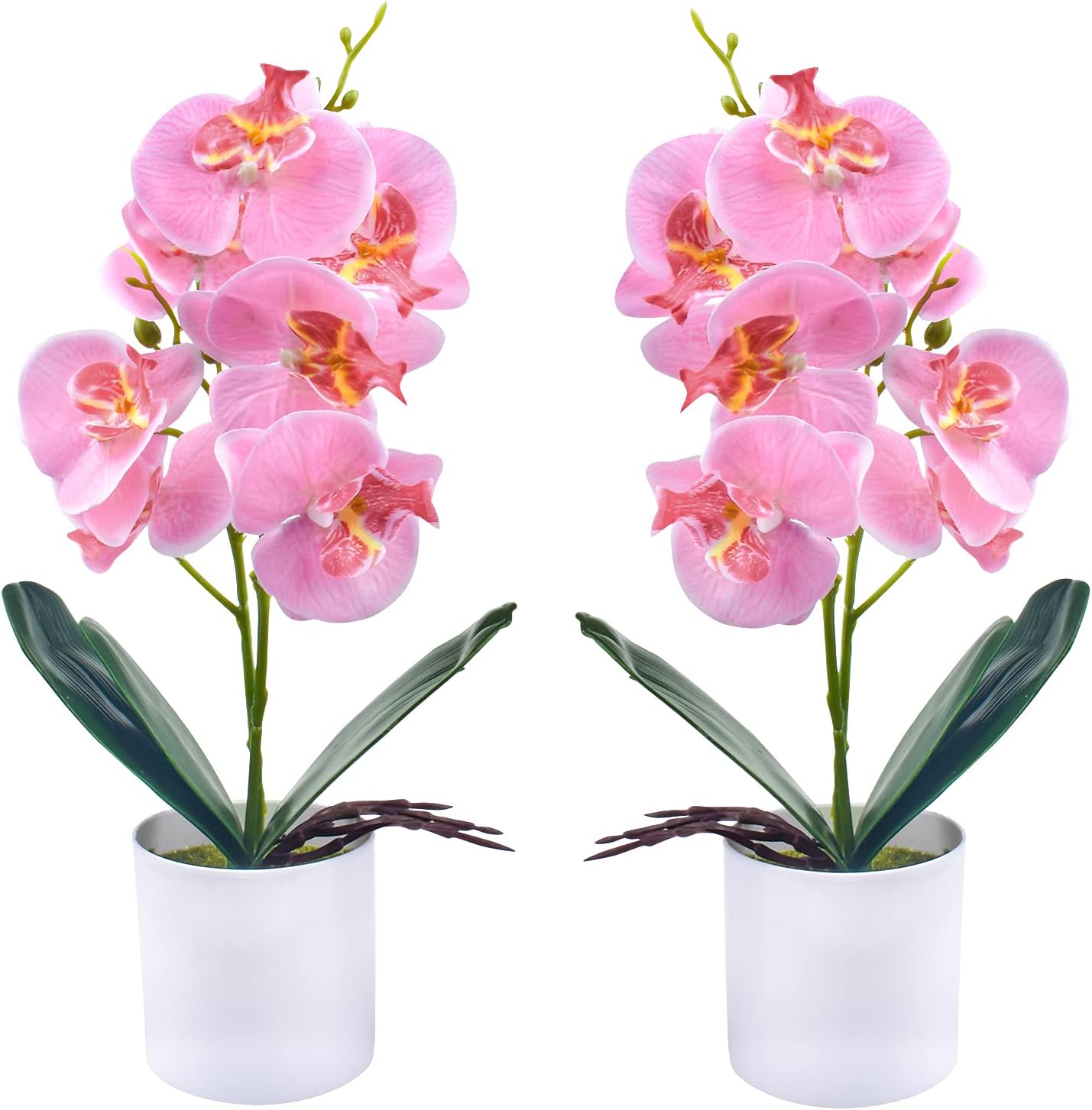 Artificial Orchid Flowers, 2 Pieces Potted Orchid Flowers with Plastic Vase for Table Centerpiece Home Decor Office Wedding Party Decoration