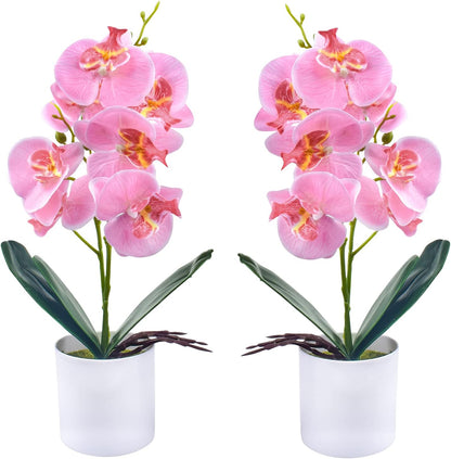 Artificial Orchid Flowers, 2 Pieces Potted Orchid Flowers with Plastic Vase for Table Centerpiece Home Decor Office Wedding Party Decoration