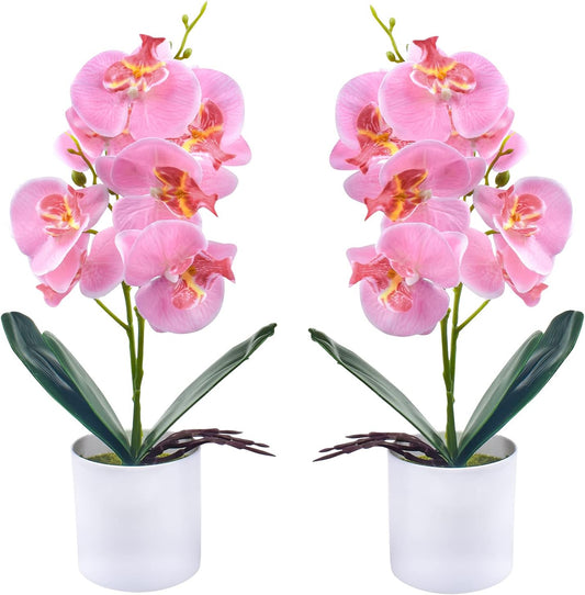Artificial Orchid Flowers, 2 Pieces Potted Orchid Flowers with Plastic Vase for Table Centerpiece Home Decor Office Wedding Party Decoration
