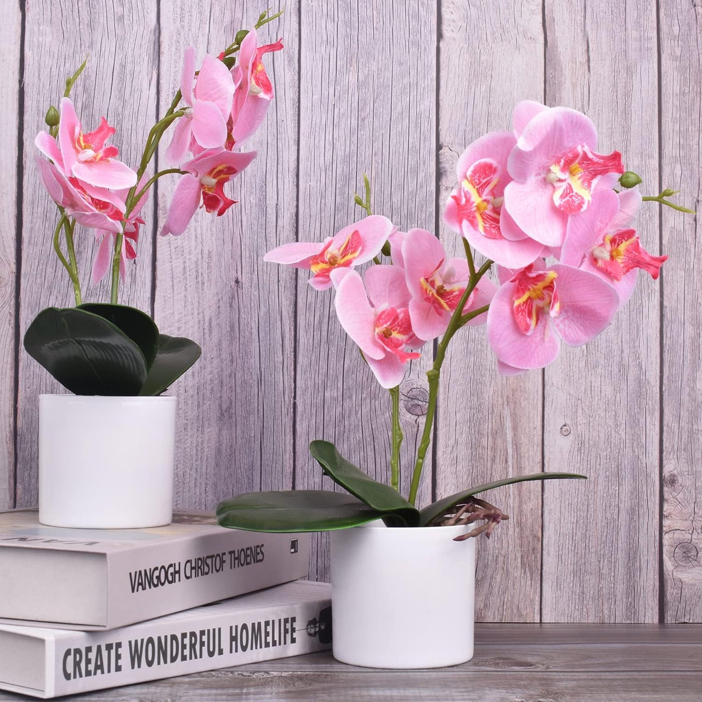 Artificial Orchid Flowers, 2 Pieces Potted Orchid Flowers with Plastic Vase for Table Centerpiece Home Decor Office Wedding Party Decoration