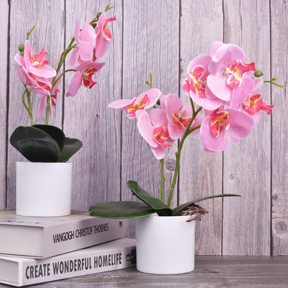 Artificial Orchid Flowers, 2 Pieces Potted Orchid Flowers with Plastic Vase for Table Centerpiece Home Decor Office Wedding Party Decoration
