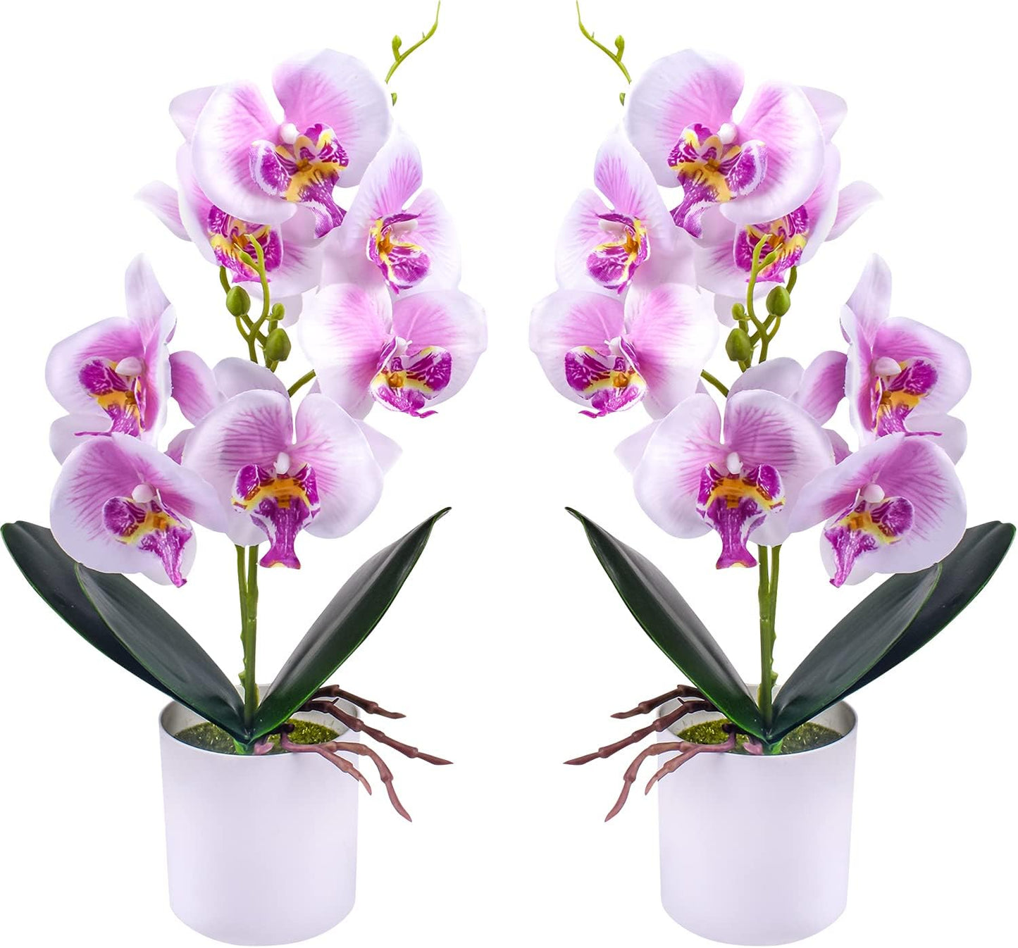 Artificial Orchid Flowers, 2 Pieces Potted Orchid Flowers with Plastic Vase for Table Centerpiece Home Decor Office Wedding Party Decoration
