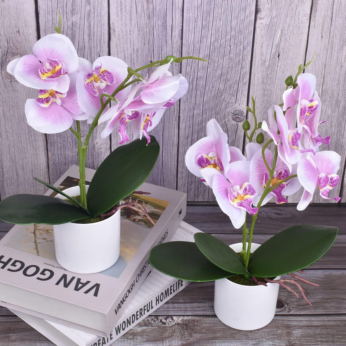 Artificial Orchid Flowers, 2 Pieces Potted Orchid Flowers with Plastic Vase for Table Centerpiece Home Decor Office Wedding Party Decoration
